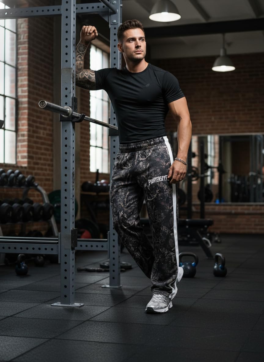 Mens Camo Stacked Jogger Sweatpants Midweight Quick Dry Loose Fit Athletic Outdoor Pants with Pockets