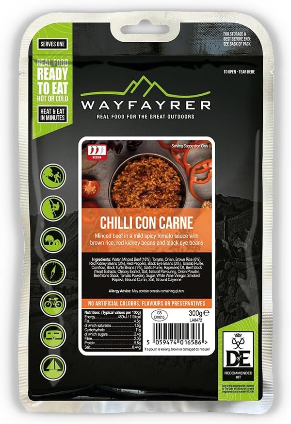 Wayfayrer Chilli Con Carne 300g Ready to Eat, Hot or Cold, Meal Pouch Recommended for Duke of Edinburgh's Award Expeditions, Camping, Hiking, Fishing and Outdoor Adventures
