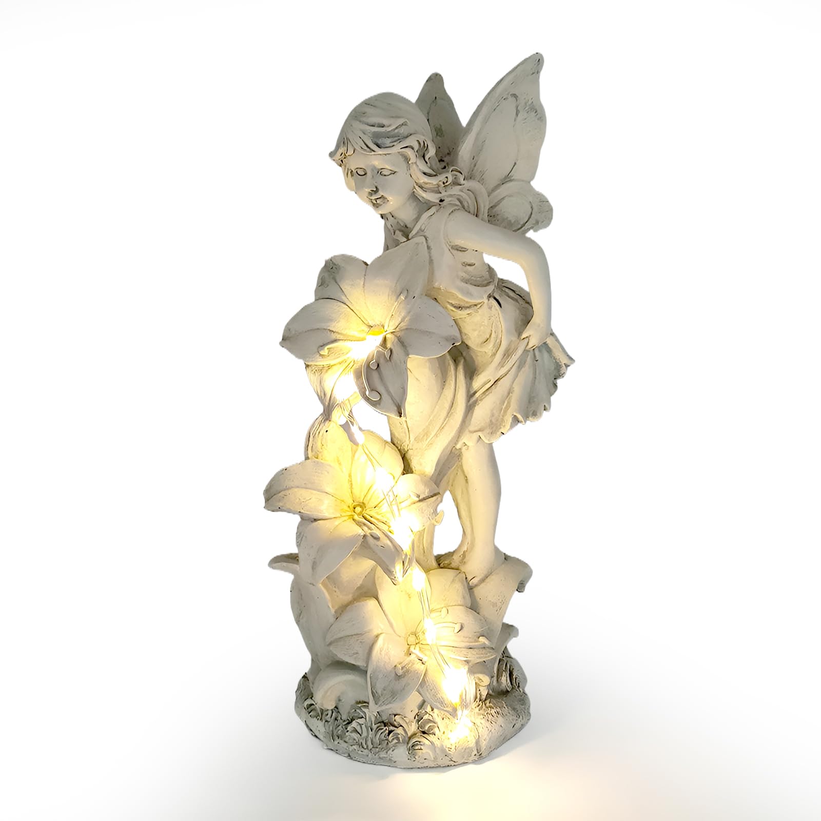 Gartendeko Fee Deko,36 LED Wasserdichte Dschinn Solar Licht,Harz Elfen Gartenstatue,Draußen Wetterfest Gartenfiguren Blumenfee Solar Figur,Fee Engel Skulptur für Rasen,Hof,Terrasse,Fensterbank