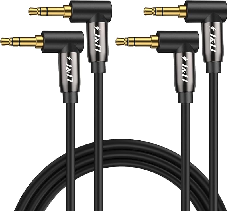 J&D 3.5mm Aux Cable 6ft (2 Pack), Gold Plated 3.5mm Male to Male Stereo Audio Aux Cable 90 Degree Right Angle Compatible for iPhone, Galaxy, Headphone, Car, Speakers and All Other Devices