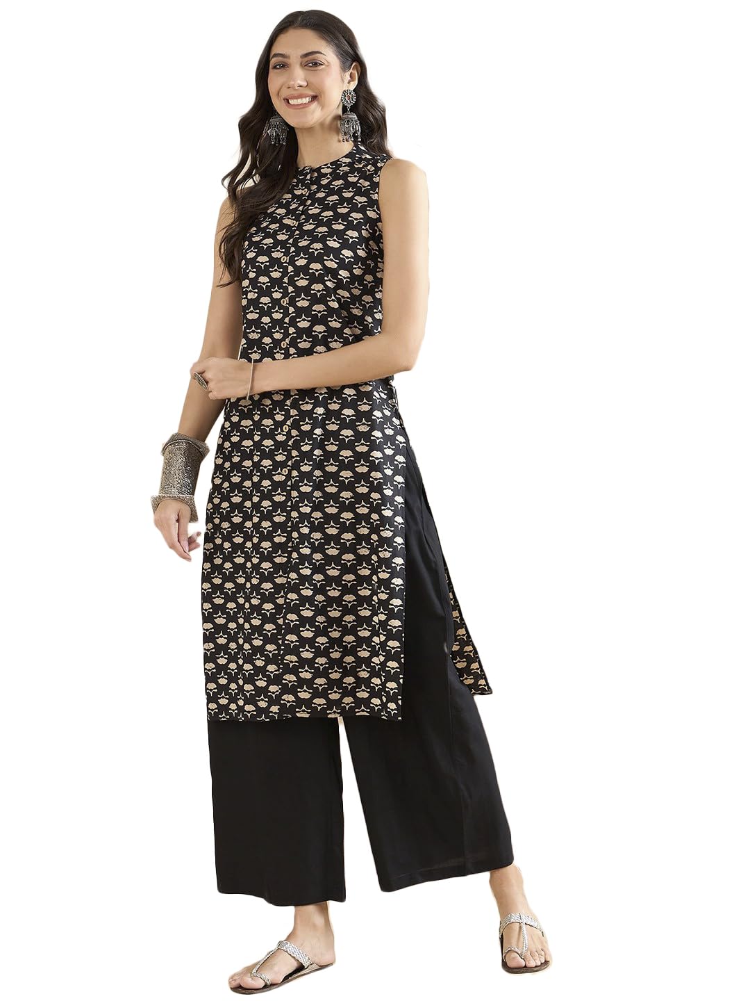 miss fameWomen Sleeveless Printed Cotton Kurta with Palazzo - Brown