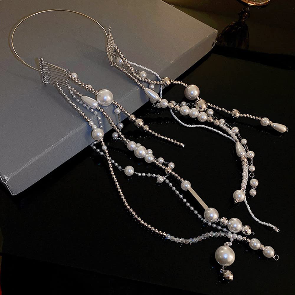Jumwrit Diadema larga con perlas y diamantes de imitación, diadema larga con borlas plateadas, diadema con cadena larga con cuentas de perlas para mujeres y niñas