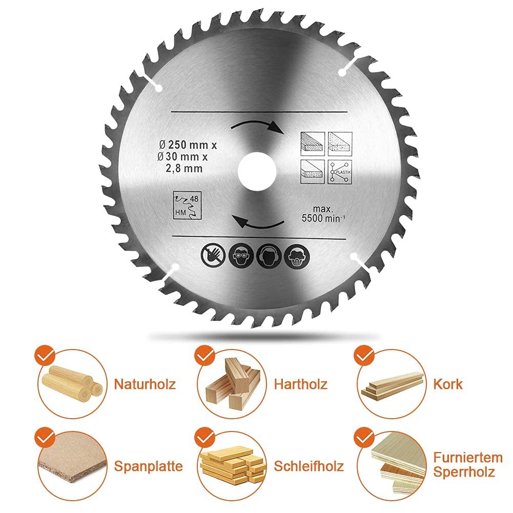 Lama Circolare 250 Mm - 48 E 60 Denti, Carburo Di Tungsteno, Foro 30 Mm, Per Legno E Compensato