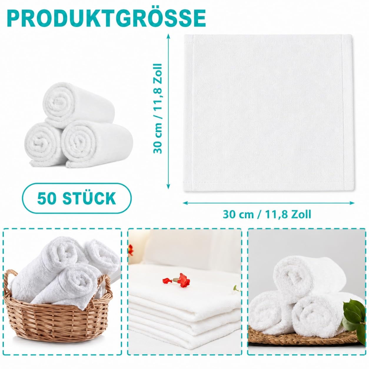 Lot de 50 gants de toilette en coton - 30 x 30 cm - Blanc - Petits et absorbants - Pour salle de bain, hôtel, salle de sport, spa et soins du visage