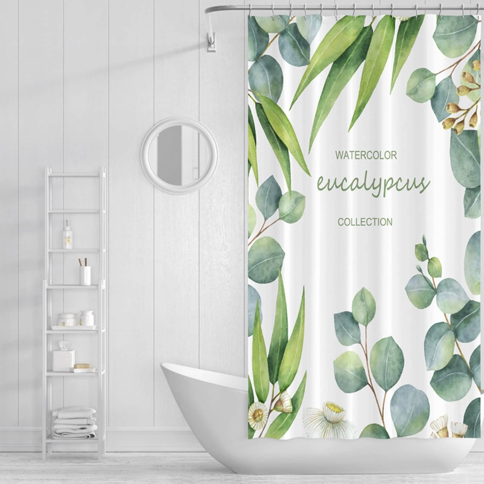 Tenda Doccia Antimuffa 180x200, Poliestere Bianco Verde Foglie E Fiori Tenda doccia con Grommets e ganci