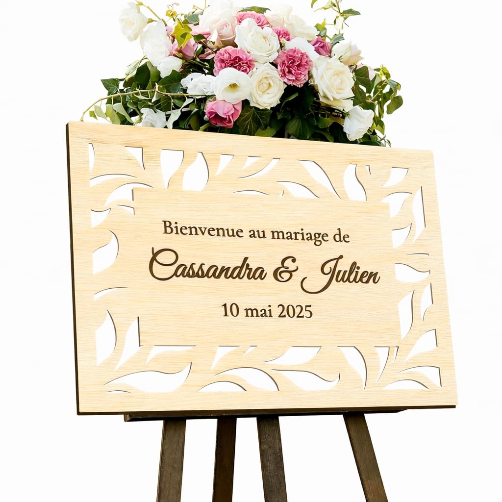 Panneau de mariage personnalisé en bois aux motifs ajourés, bienvenue au mariage de, accueil cérémonie, mariage champêtre, fête, initiales ou prénoms, 30x40cm, horizontal (Feuilles, Prénoms entiers)