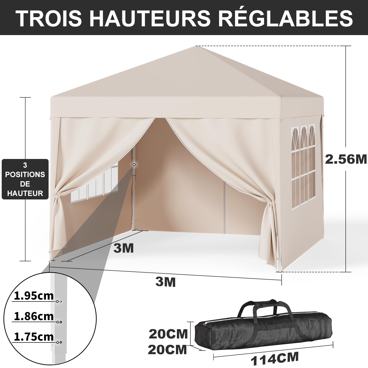Devoke Garden Paviljoen, 3 x 3 m, waterdicht, Deluxe Gazebo, zeil, partytent, metalen frame, paviljoen, patio priebo voor 4-6 personen, lichtgrijs