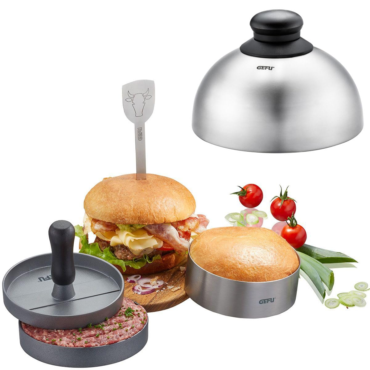 GEFU 4-teiliges BBQ Burger-Set - Burgerpresse, Schmelzglocke & Ring