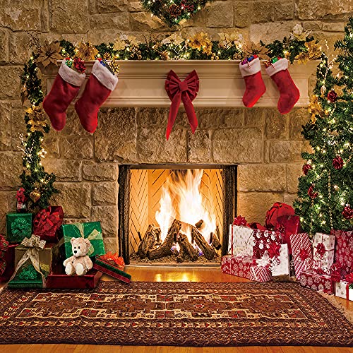 Noël Cheminée Toile de Fond Vintage Tapis Arbre De Noël Photographie Fond Enfant Famille Joyeux Noël Photo Booth 6x6FT – Image 6
