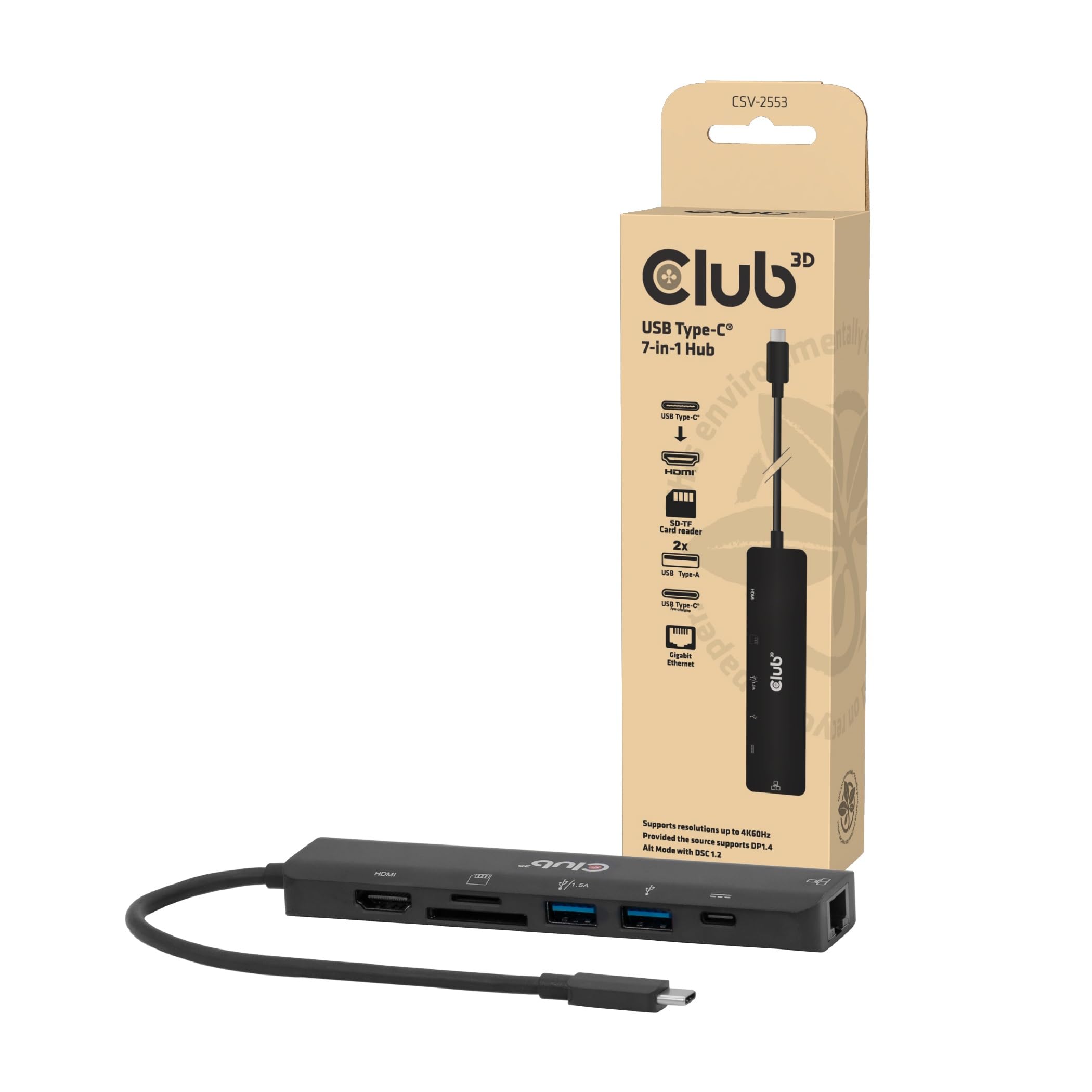 Club3D CSV-2553 Hub USB C® 7 en 1 => HDMI™4K60Hz/SD-TF, 2X USB A/USB C PD/RJ45