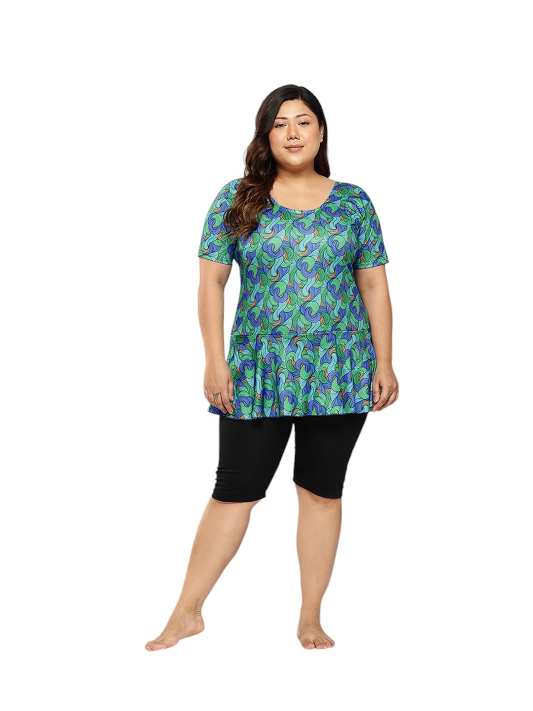 Womens Sports Wear Green-Black Colour Abstract Print Nylon Plus Size Swim Suit-image-31