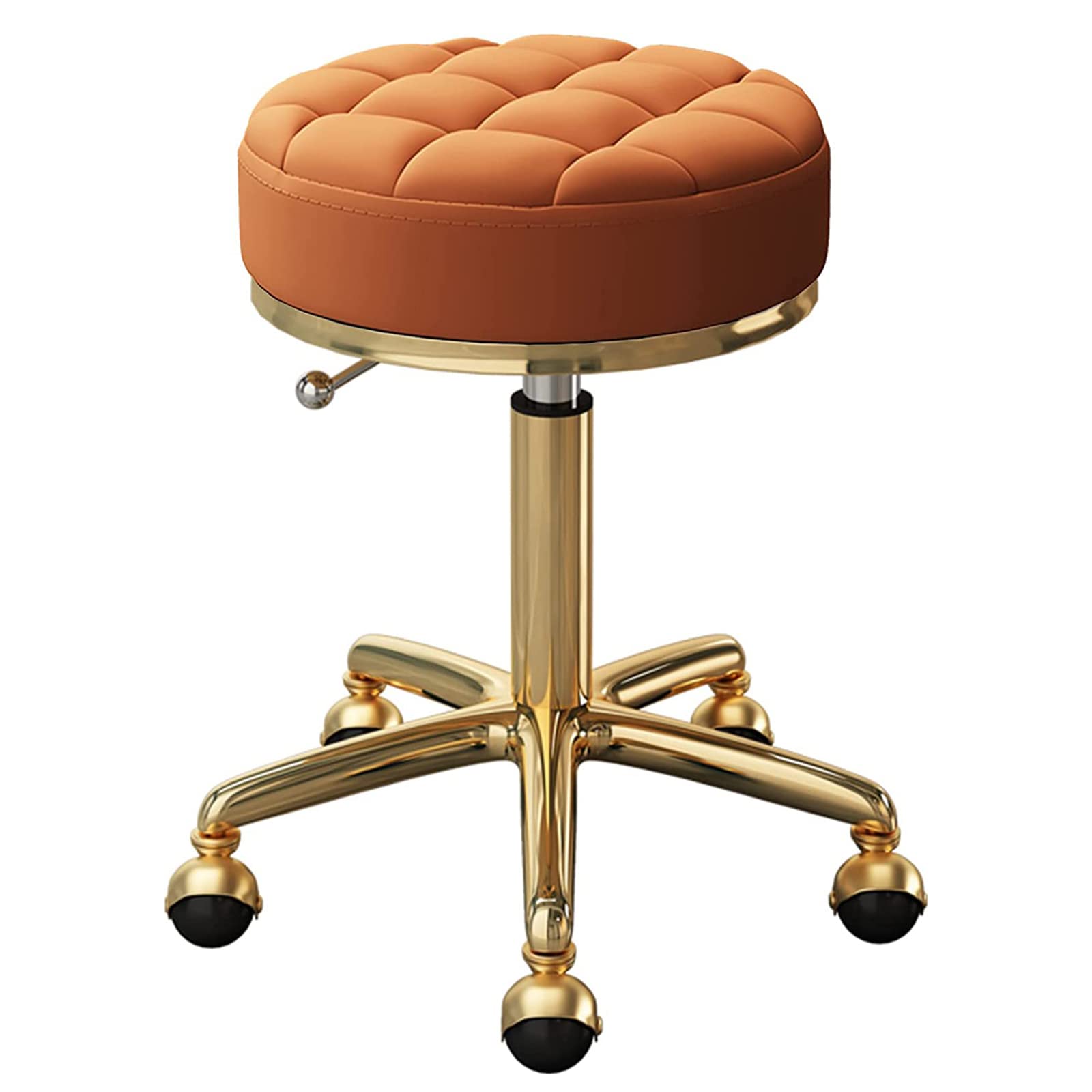 Sgabello girevole dorato con ruote, regolabile a 360°, capacità 167,8 kg, ideale per trattamenti spa e tatuaggi, per ciglia e pedicure, perfetto per spazi di lavoro