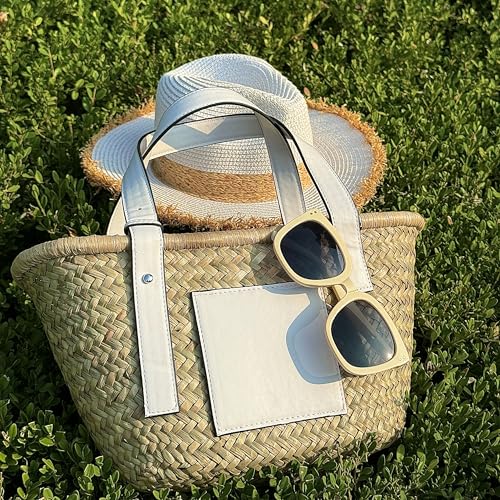 Image of Straw Basket Tote Bag for Women PU Leather Strap Hollow Woven Top Handle Straw Purses and Handbags