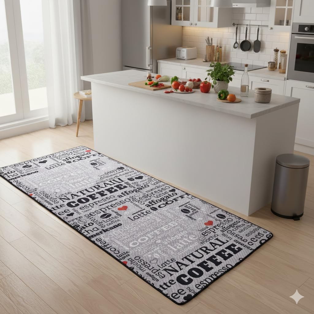 Tapis de Cuisine Moderne en Gel, Gris, Blanc, Noir, avec Motif de Sol antidérapant et Inscription café Macchiato (Gris, 60 x 200 cm)