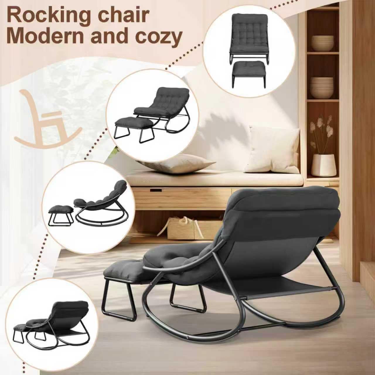 Schaukelstuhl mit Hocker Innen,Loungesessel Outdoor,XXL Schaukelsessel Relaxstuhl, Schaukelstuhl Wohnzimmer, Relaxstuhl mit Gepolstertem Kissen bis 150kg Belastbar, Schaukelliege für Balkon(Grau-yao)