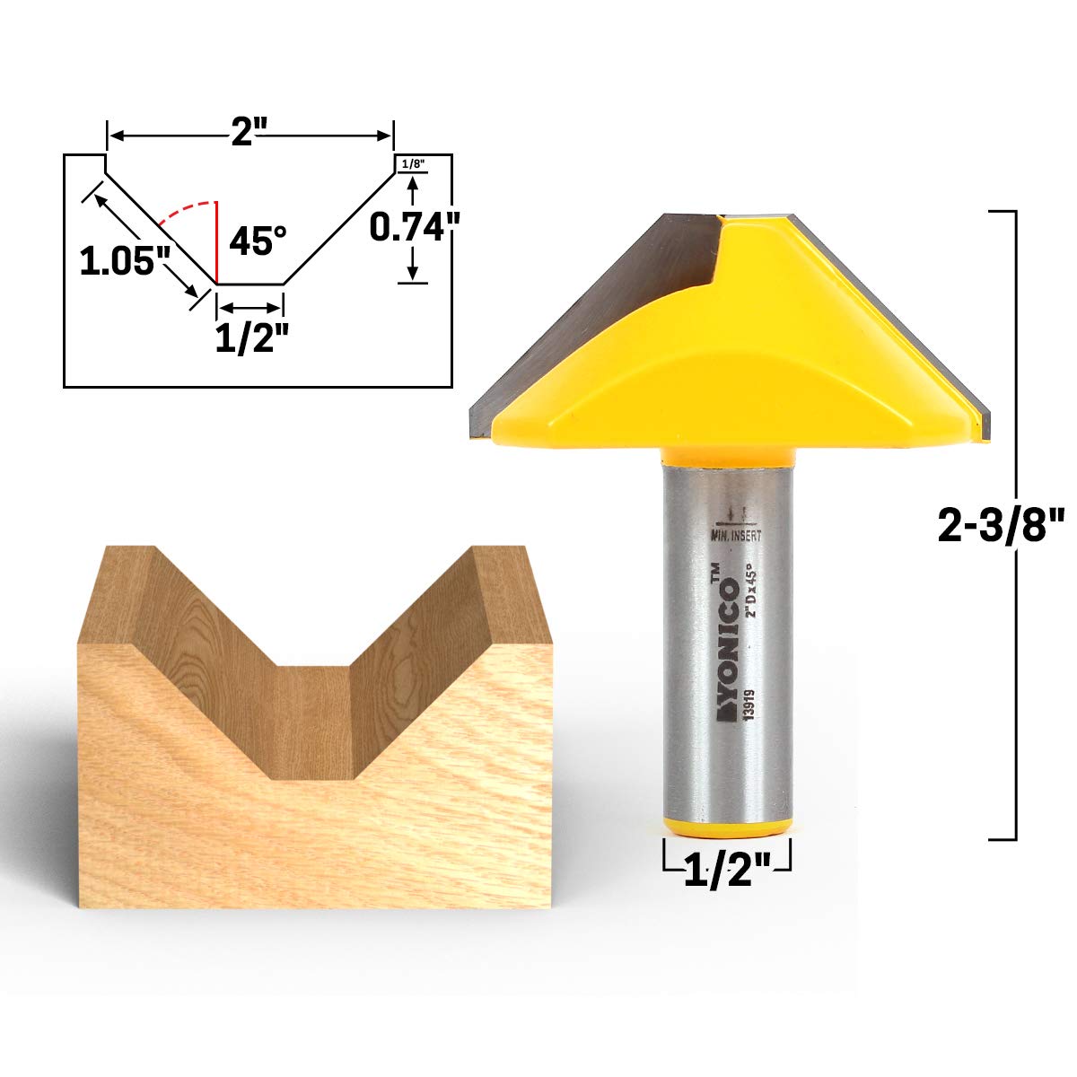 YONICO V Groove Flat Bottom Router Bit 2-Inch Diameter 45 Degree 1/2-Inch Shank 13919