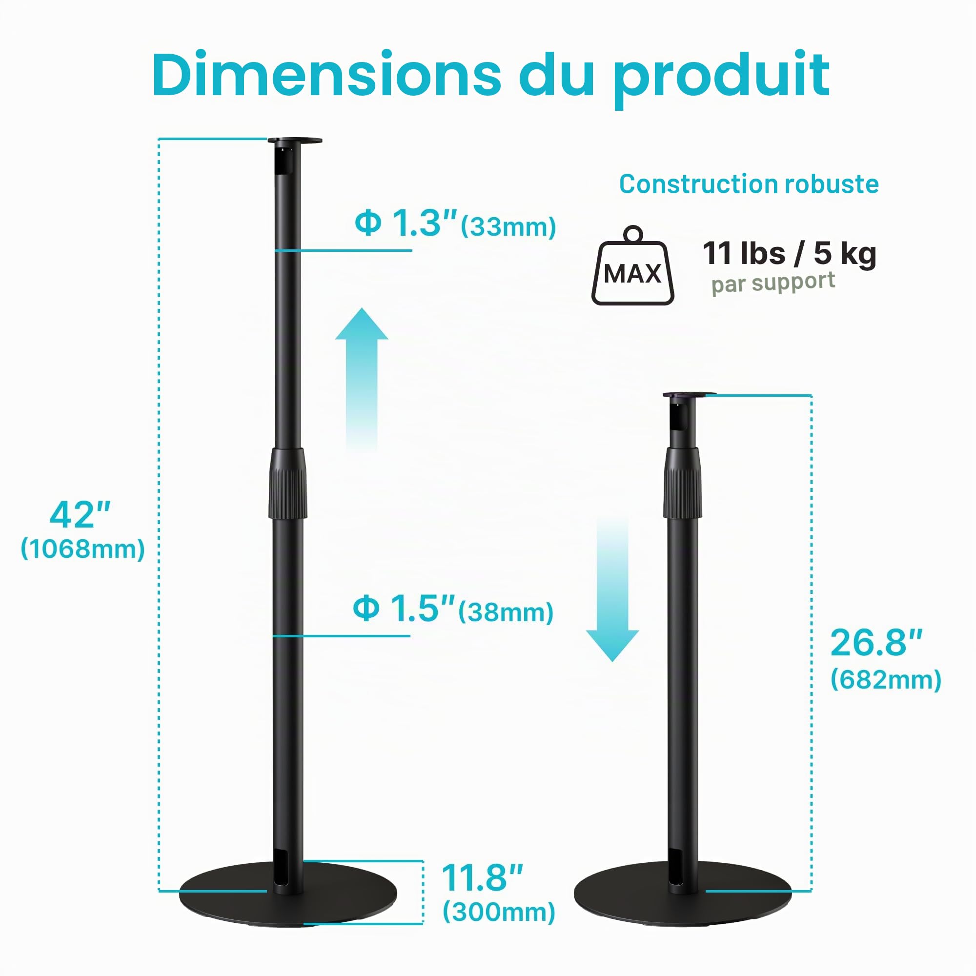 PEGZONE Lot de 2 supports d'enceintes réglables en hauteur, compatibles avec SONOS Era 300 et Era 100, jusqu'à 108 cm, avec gestion des câbles, support d'enceinte, capacité de charge de 5 kg, noirs