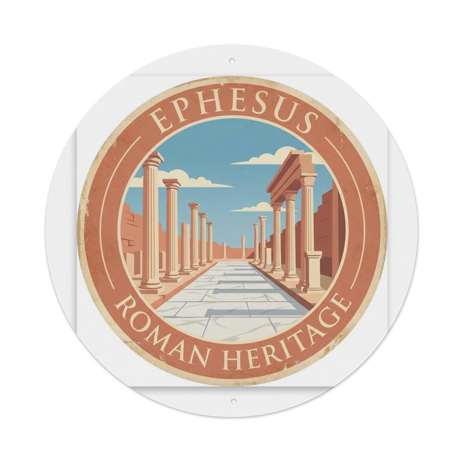 Vintage Travel Ephesus Ruins Turkey Metal Tin Sign Plaque Wall Decor for Cafe, Club, Garden Round Metal Poster 8x8Inch