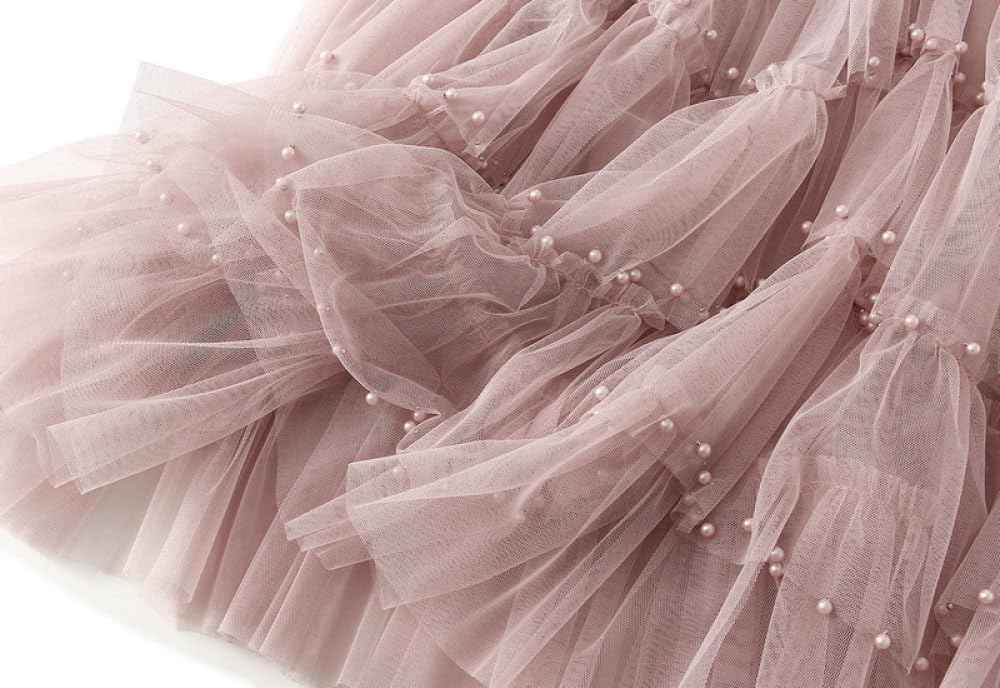 Damen-Tüllrock, Luxuriöser Perlen-Stufen-Midirock, Rosa, Geschichteter, Plissierter Netzrock, Elastischer A-Linien-Rock Mit Hoher Taille, Modischer Party-Langrock Für Damen Und Mädchen