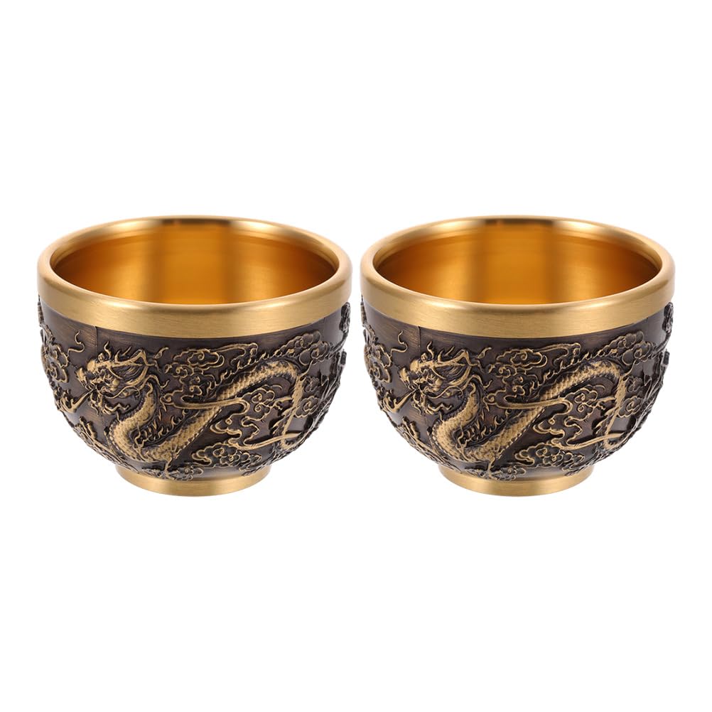 LOGOFUN 2pcs Kung Fu Teacups Chinese Copper Cup Vintage Dragon Pattern Tasting Mugs Chinese Embossed Tablewear for Home Office Supplies
