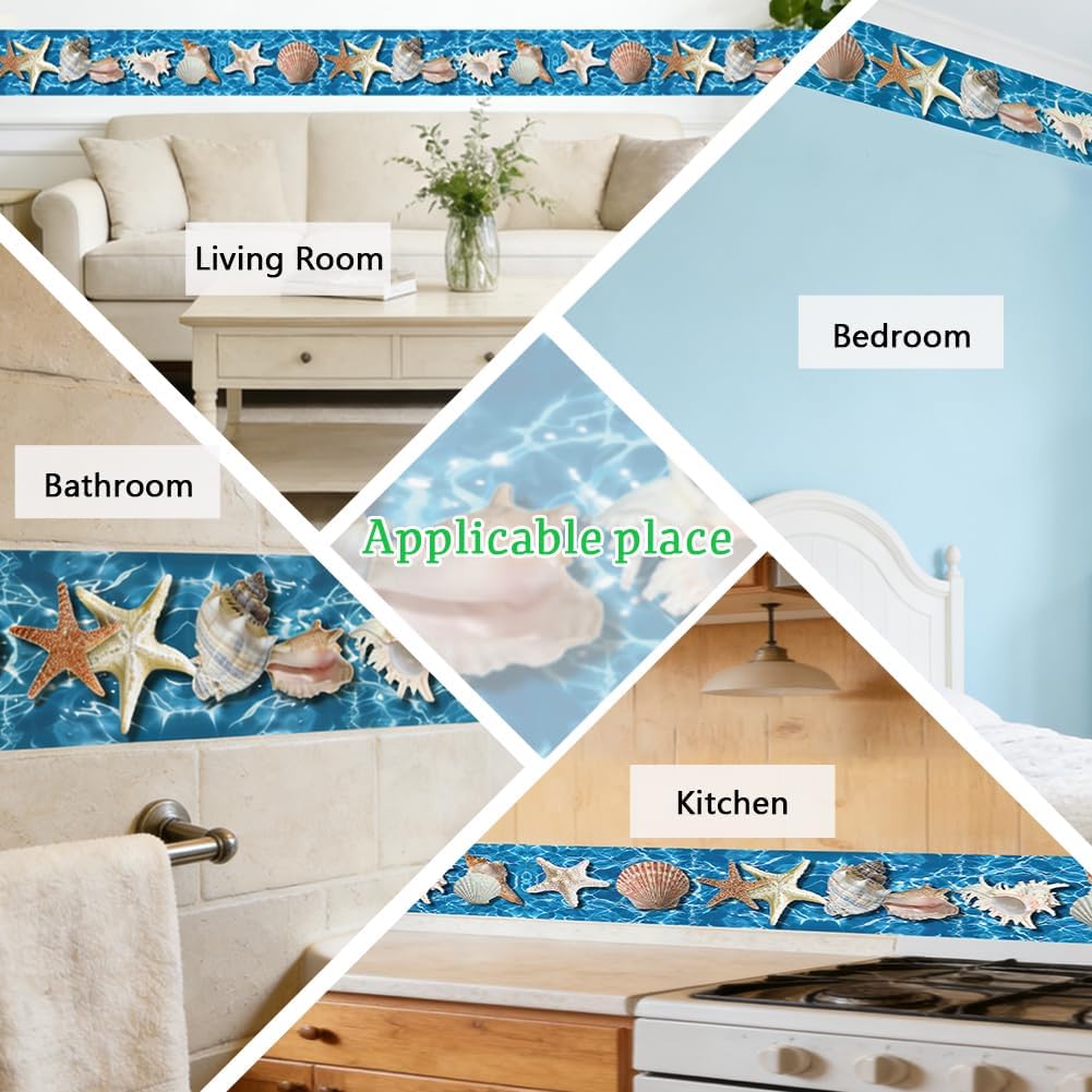 Beach Wallpaper Border Wall Border Trim Peel and Stick 19.7 x 4 Inch Ocean Seashell Starfish Pattern PVC Decorative Molding Stickers for Bathroom Kitchen Backsplash Hotel Home Decoration