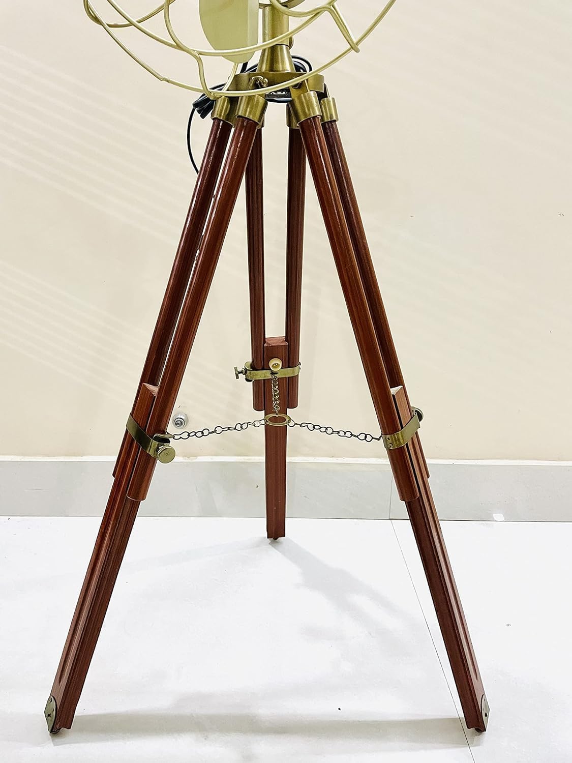 Royal Navy Adjustable Antique Floor Fan With Brown Wooden Tripod Stand.