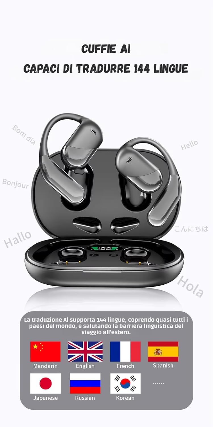 YYK-Q16S Cuffie Traduzione Istantanea Wireless Bluetooth 5.4 – Auricolari Smart con Traduttore Vocale in 144 Lingue, Audio HD, Microfono e Modalità Multiple – Ideali per Viaggi, Studio e Lavoro