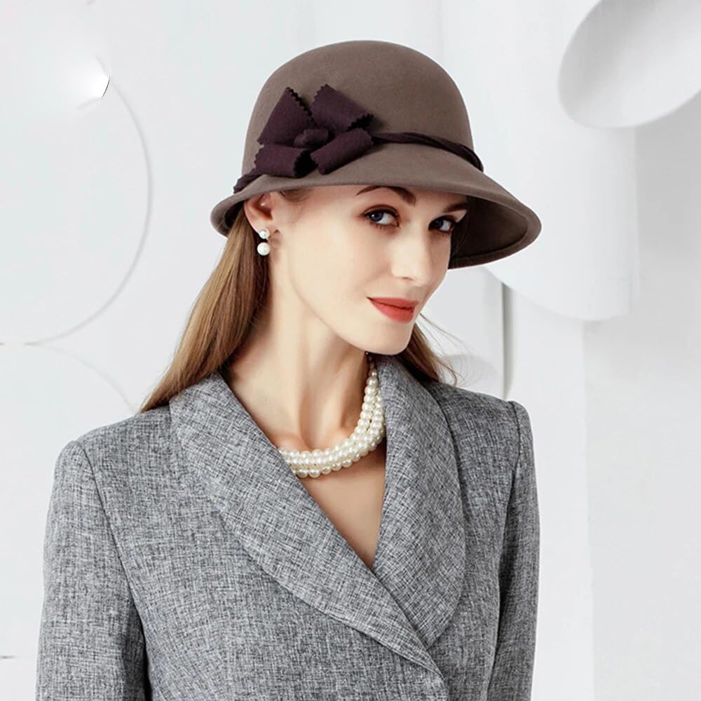 Cappelli a Bombetta a Tesa Larga in Feltro di Lana Grigio Scuro per Donna, Cappelli da cappellaio Nero, Cappelli a Cloche da Donna, Autunno Inverno (Grigio Scuro, 53-57 cm, M)
