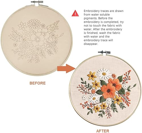 Miniatura 5 de Kit completo de iniciación de bordado con patrón de bricolaje para principiantes, incluye tela estampada con patrón, aro de bordado de bambú, hilos