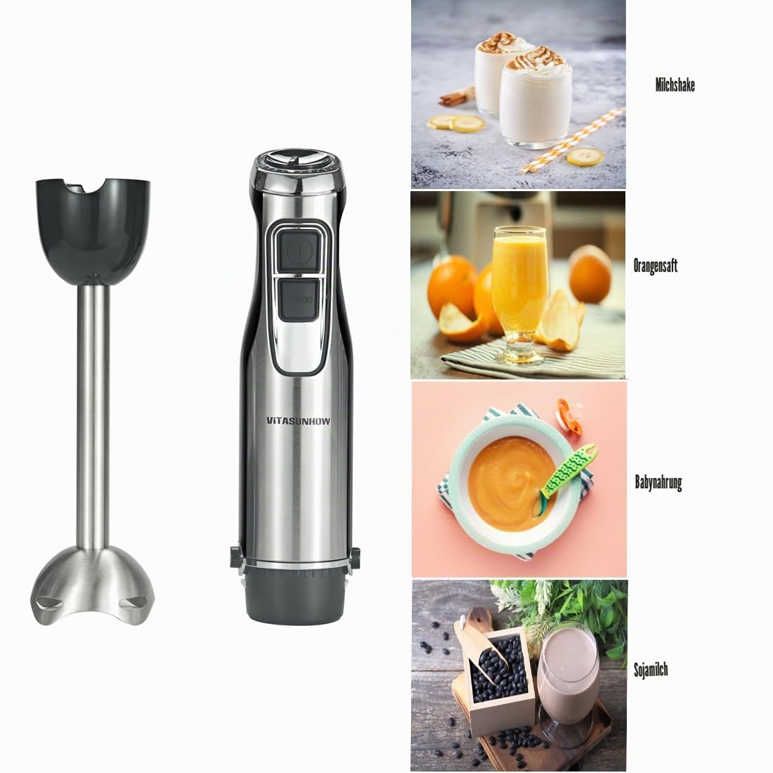 Stabmixer 800W 4-IN-1 mit 6 Stufen & Turbo – für Smoothies, Babybrei & Suppen