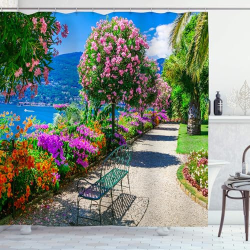 OCEUMACO Garden Shower Curtain Outdoor for Wet Room Outside Long Fabric 3D Floral Italy Pink Flower Picture Scene Bathroom Curtains 180 x 180 cm Anti Mould Waterproof with Hooks