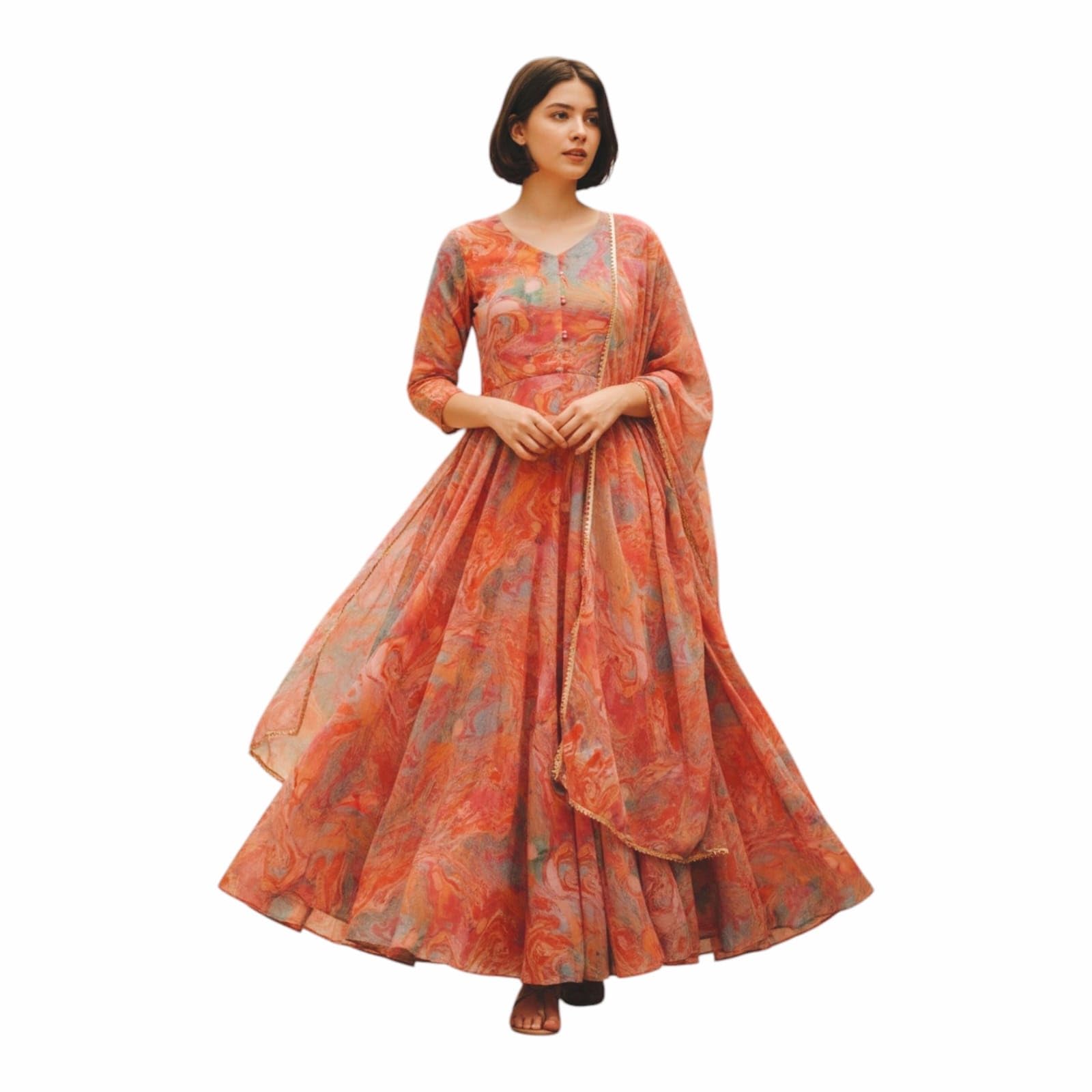 Women's Soft Silk Abstract Marble Print Anarkali Gown with Dupatta, Multi Colour, 2 Piece Ethnic Set, Round Neck, Flared Traditional Outfit, Party-image-39