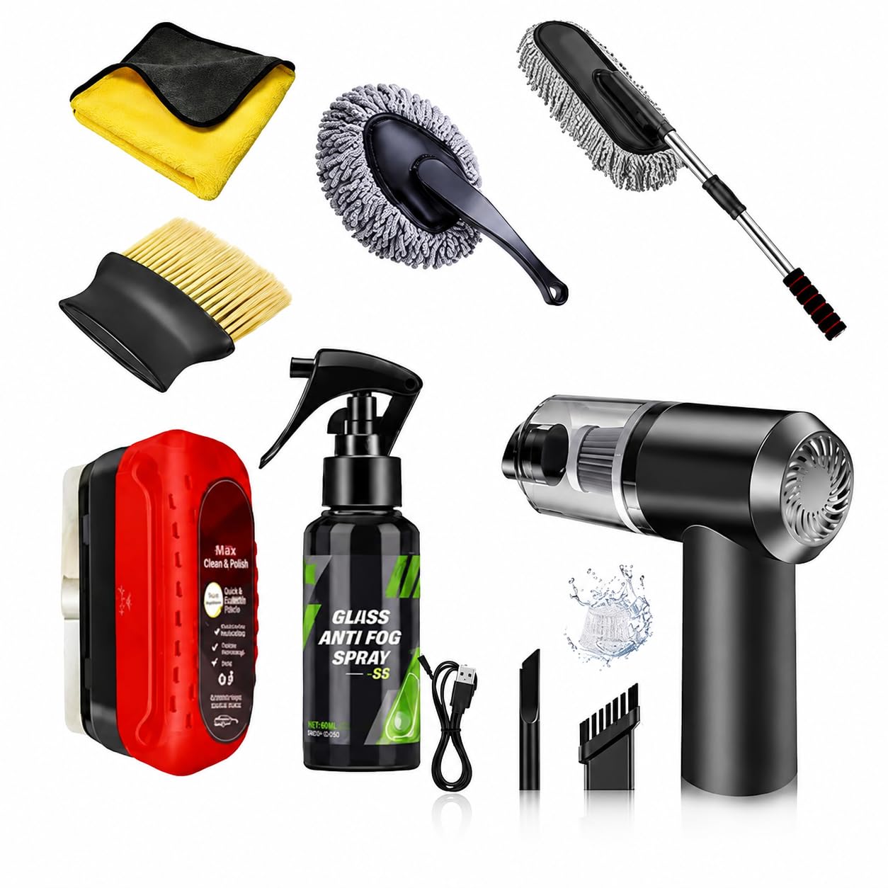 7 PCS Car Cleaning Kit with 3-in-1 Mini Vacuum Cleaner, Microfiber Cloth, Duster, Wheel Brush, Anti-Fog Spray & Glass Cleaning Tools (7 in 1 Car Combo)-image-41