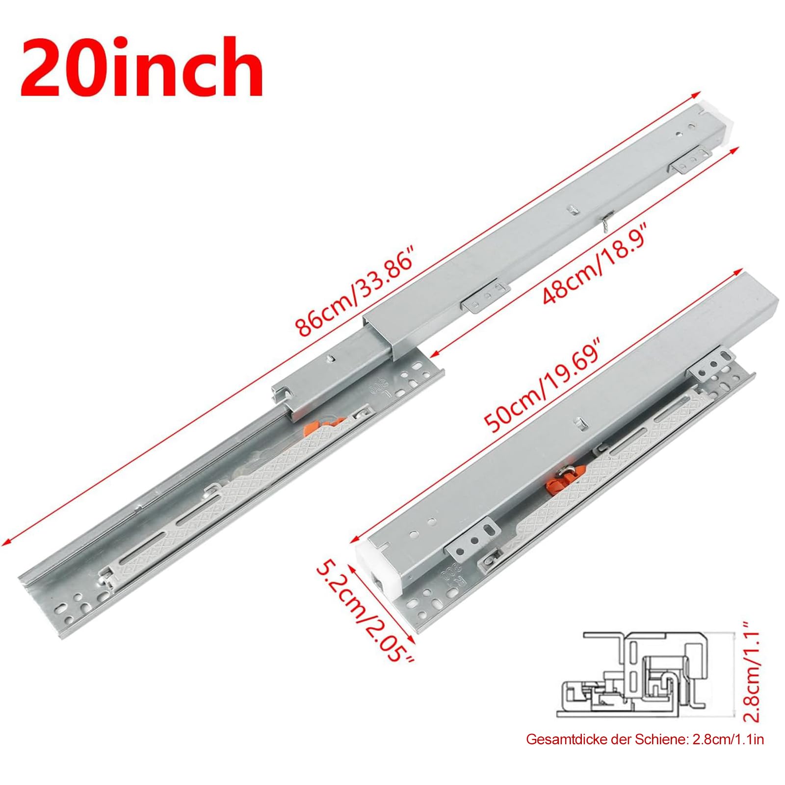 Schubladenschienen 50cm mit Vollauszug, zur Bodenmontage aus Stahl