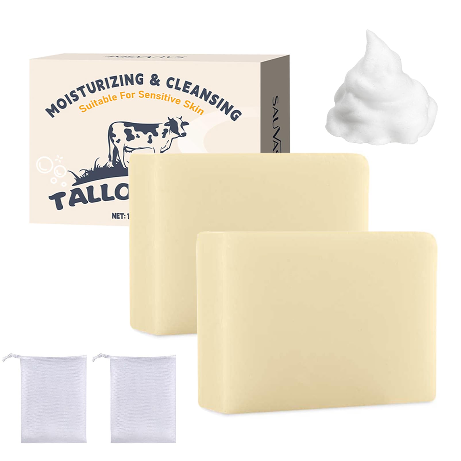Beef Tallow Soap, 2 sztuki mydła rdzeniowego z łoju wołowego, do pielęgnacji skóry, naturalny kosmetyk, nawilżające kawałki mydła do twarzy i ciała, mydło do twarzy i ciała, mydło do wszystkich