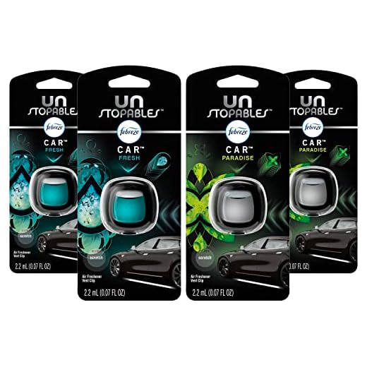 Febreze Car Air Fresheners, Unstopables Fresh & Paradise Scents, Odor Eliminator for Strong Odor, Car Vent Clips (4 Count)