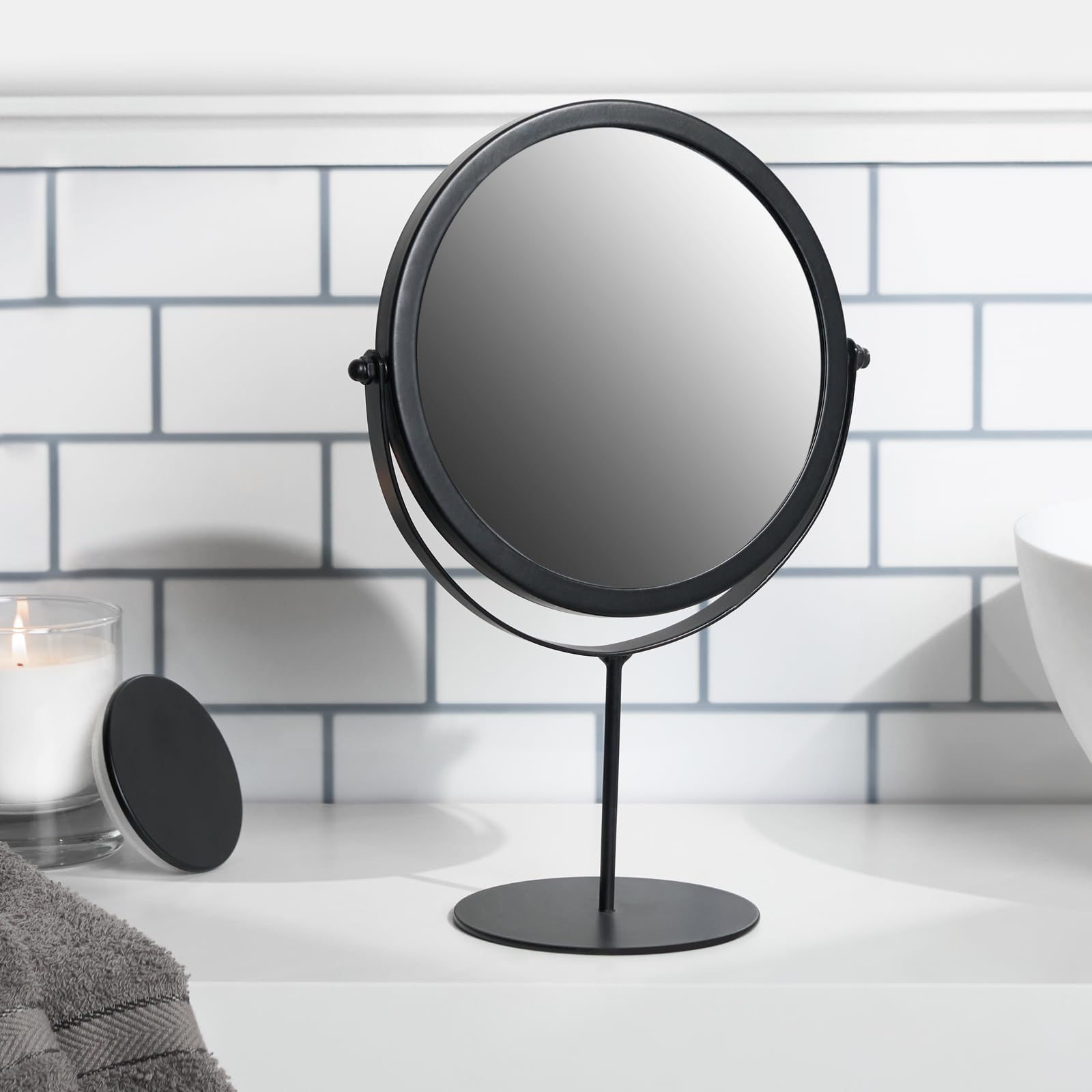 OHS Bathroom Mirror with Swing Design, Stylish Makeup Mirror with Stand 360° Adjustable Vanity Black Bathroom Mirrors for Shaving Dressing Table & Bedroom, Small