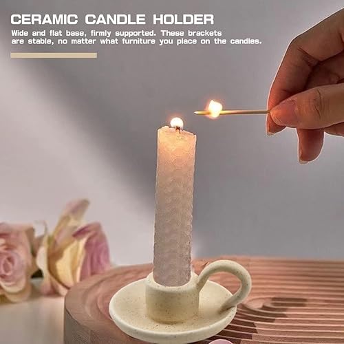 Miniatura 5 de 2 portavelas de cerámica, portavelas con asa para velas cónicas e incienso, Navidad, boda, comedor, decoración del hogar (beige)