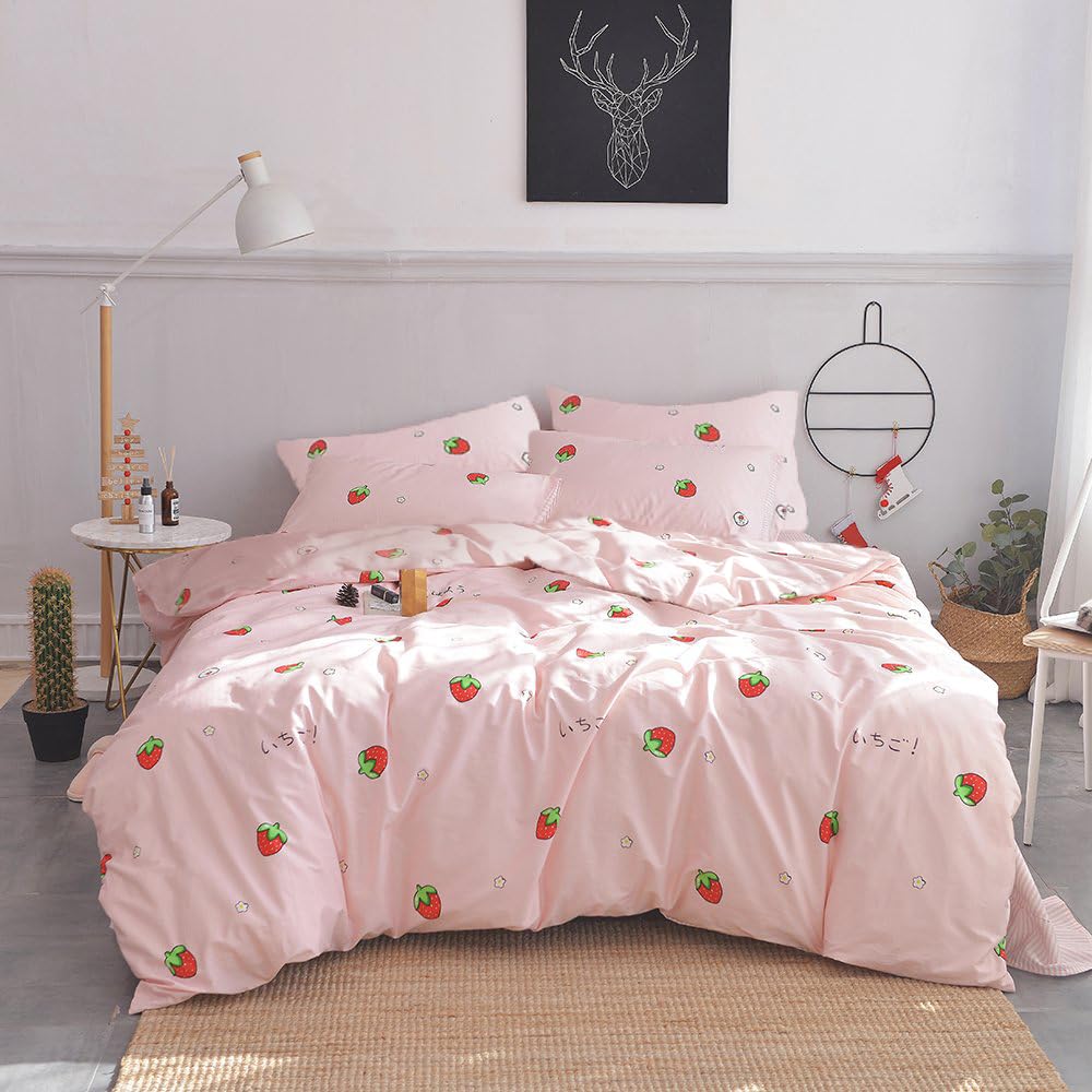 AOJIM Strawberry Kids and Adults Duvet Cover Queen Size, 100% Cotton Pink Anime Bedding Comforter Cover Set 3pcs with Zipper Closure, 1 Cute Soft Quilt Cover and 2 Pillowcases for Room Decor, No Duvet