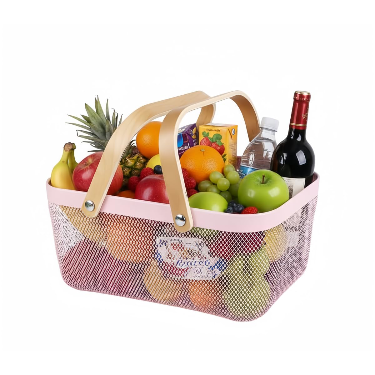 Cesto portaoggetti in rete metallica, portatile, da giardino, per la raccolta e la frutta, con manico in legno, ideale per cucina, picnic, dispense, armadietti, decorazioni per la casa (rosa,