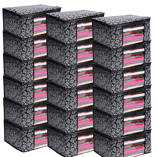 Image of Flower Printed Saree Covers for Cloth Storage & Wardrobe | Transparent Window, Zipper Closure | Black | Pack of 18 | Dustproof, Breathable, Travel & Home Use