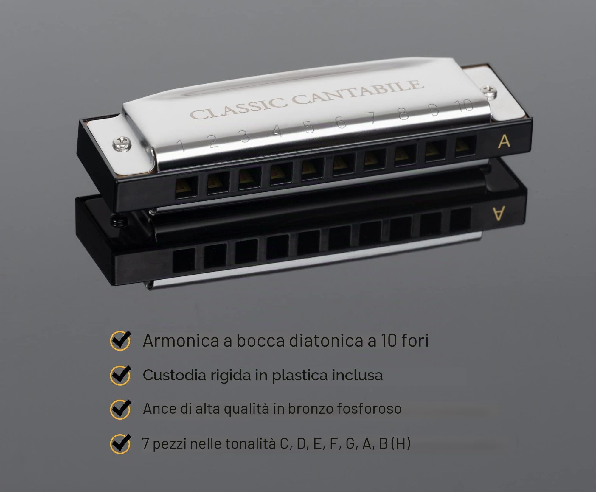 Classic Cantabile AHBS-7 Alabama Blues Harmonica Set da 7, Accordature: C | 7 armoniche diatoniche, B (H), Piastre armoniche speciali per il tipico suono blues harmonica, Incluso custodia in plastica