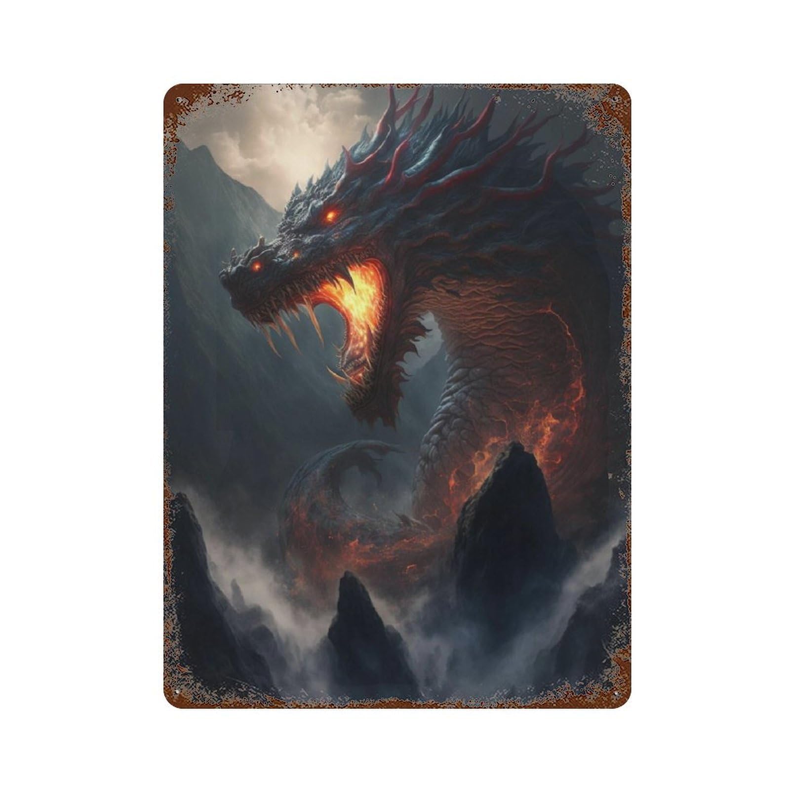 Fiery Dragon in Misty Mountains Rustic Tin Plaque 15.7"x11.8", Novelty Wall Decor for Garage, Pub Or Kitchen
