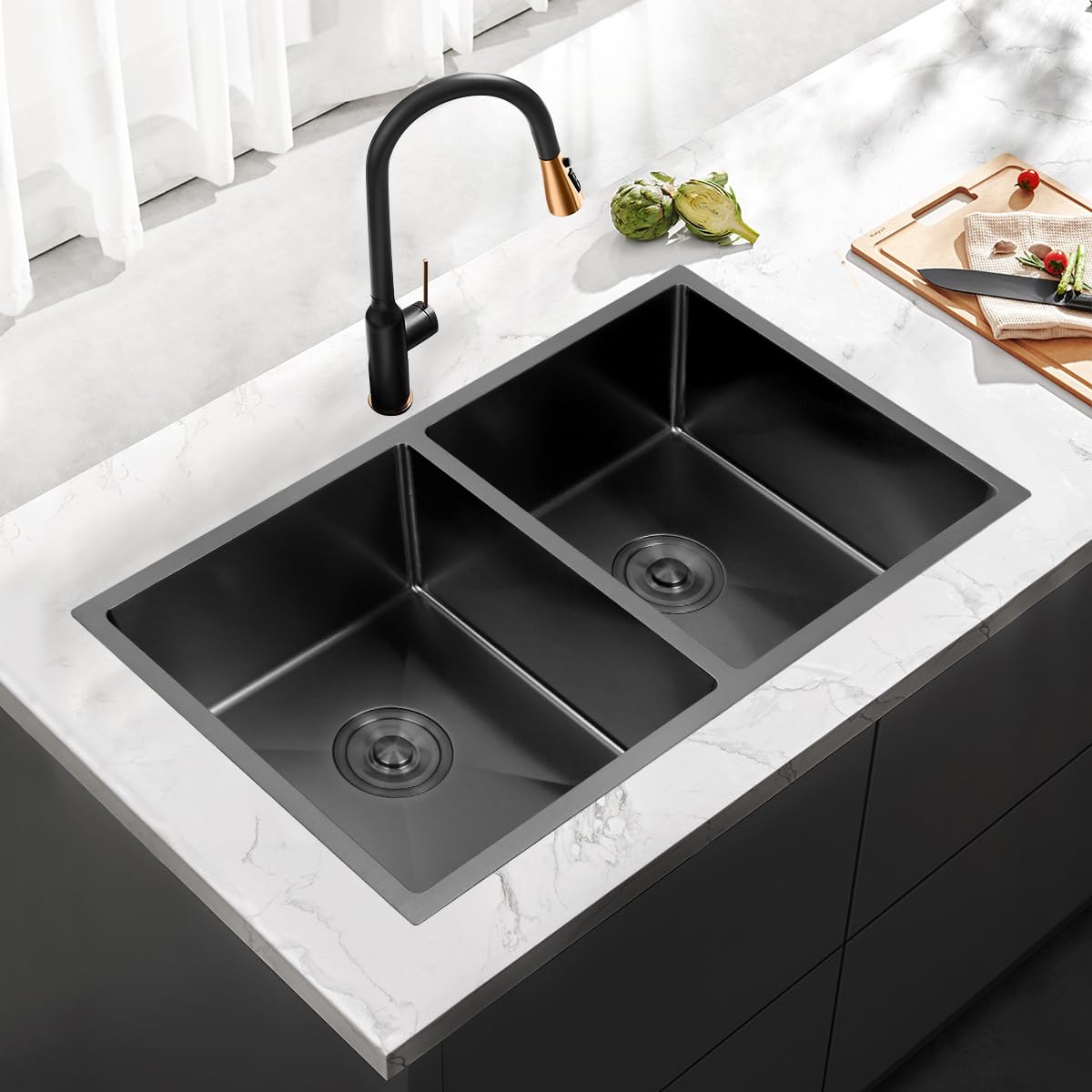 Fregadero Cocina 2 Senos 76x44cm, Fregadero de Cocina Negro de Acero Inoxidable, Fregadero Bajo/Encimera/Enrasado con Juego Desagüe (76 x 44 x 22cm)