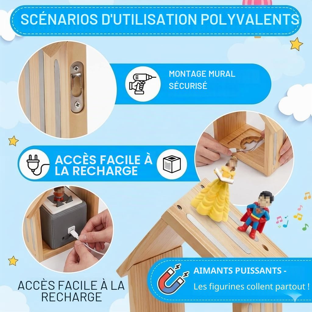 Étagère Murale Magnétique pour Tonies, Maison en Bois Compatible Toniebox 1 et 2, Rangement Organisé pour 12-40 Figurines, Chargeur et Câble Inclus