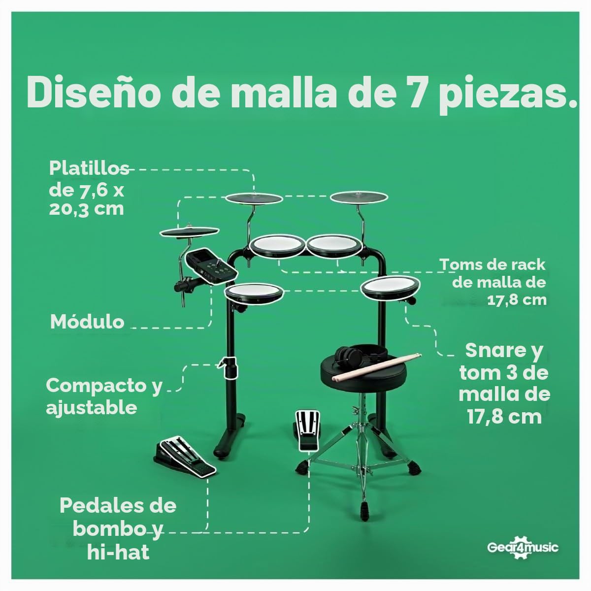 VISIONDRUM Batería Electrónica Niños y Adulto, 7 Pads en Malla, Azul | Kit de Batería Eléctrica, Altura Regulable, Diseño Plegable, Auriculares, Taburete y Baquetas Incluidos