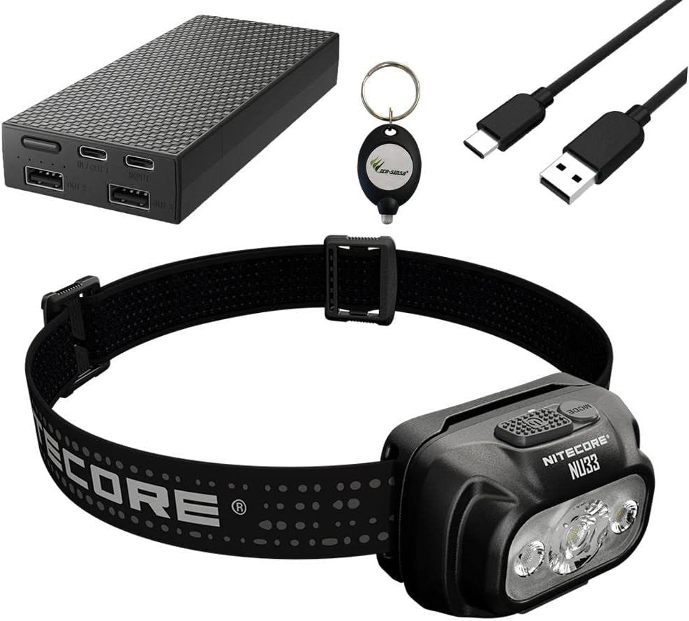 Outdoor Combo: Nitecore NU33 Triple Output USB-C Rechargeable Headlamp- 700 Lumens w/ NB20000 20,000mAh PowerCharger and Eco-Sensa Keychain Light