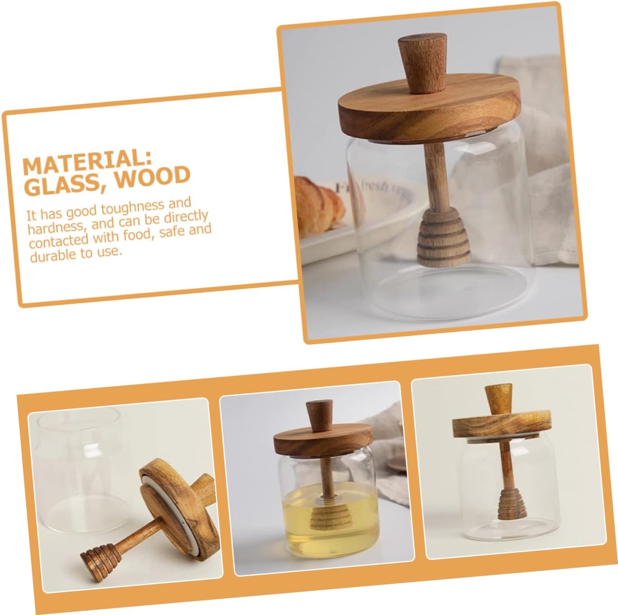 Glass Honey Storage Jar with Wooden Dipper and Acacia Lid Airtight Honey Pot Container for Kitchen Use Transparent Sealed Glass Jar and Syrup Dispenser
