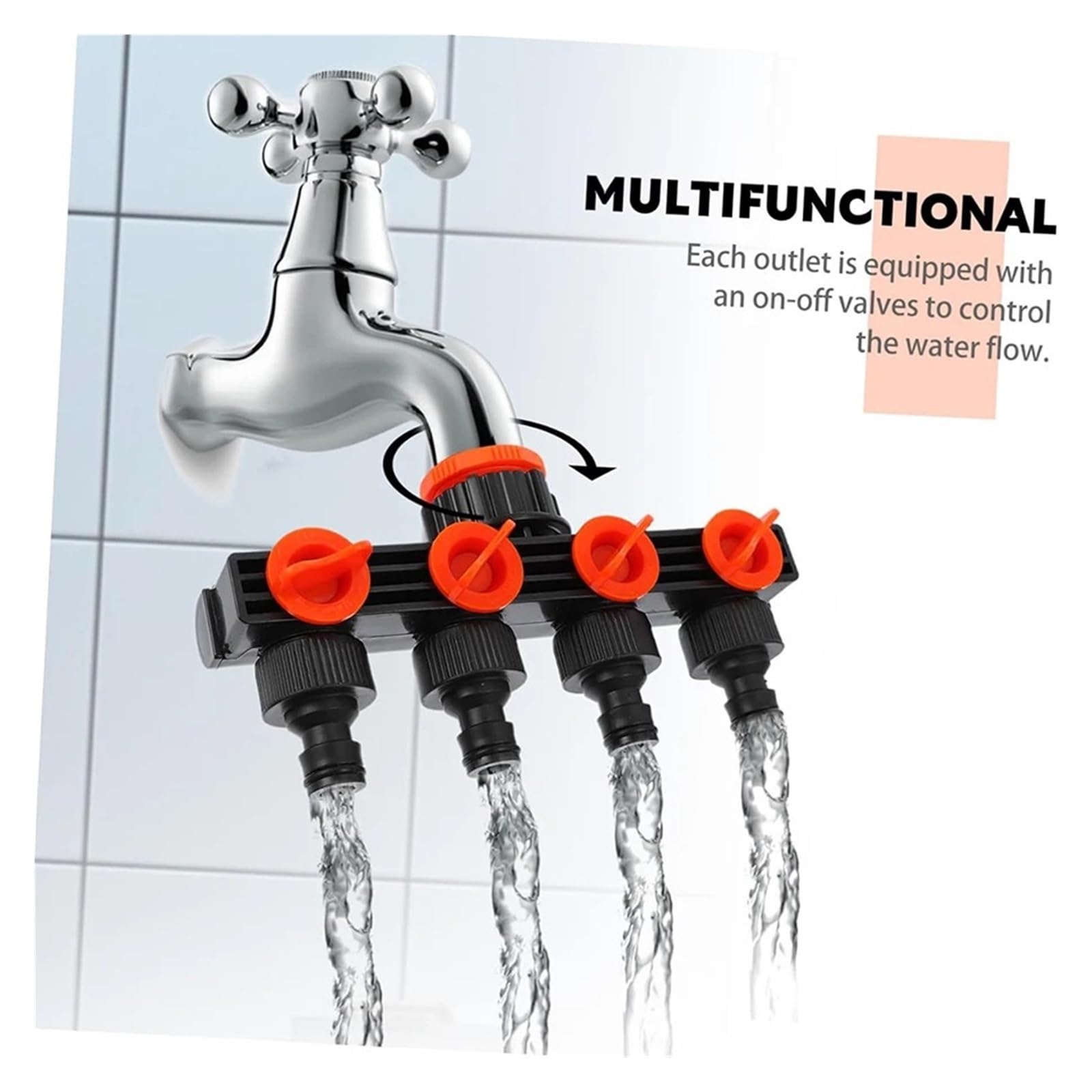 Conector de grifo de 4 vías, accesorios de jardín, distribuidor de agua, suministros de riego, herramienta de accesorios, divisor de manguera for el hogar(naranja)