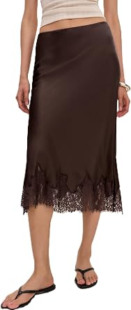 Women Lace Half Slip Long Skirt Y2K A Line Satin Silk Maxi Skirts Flowy Under Dress Underskirt Streetwear
